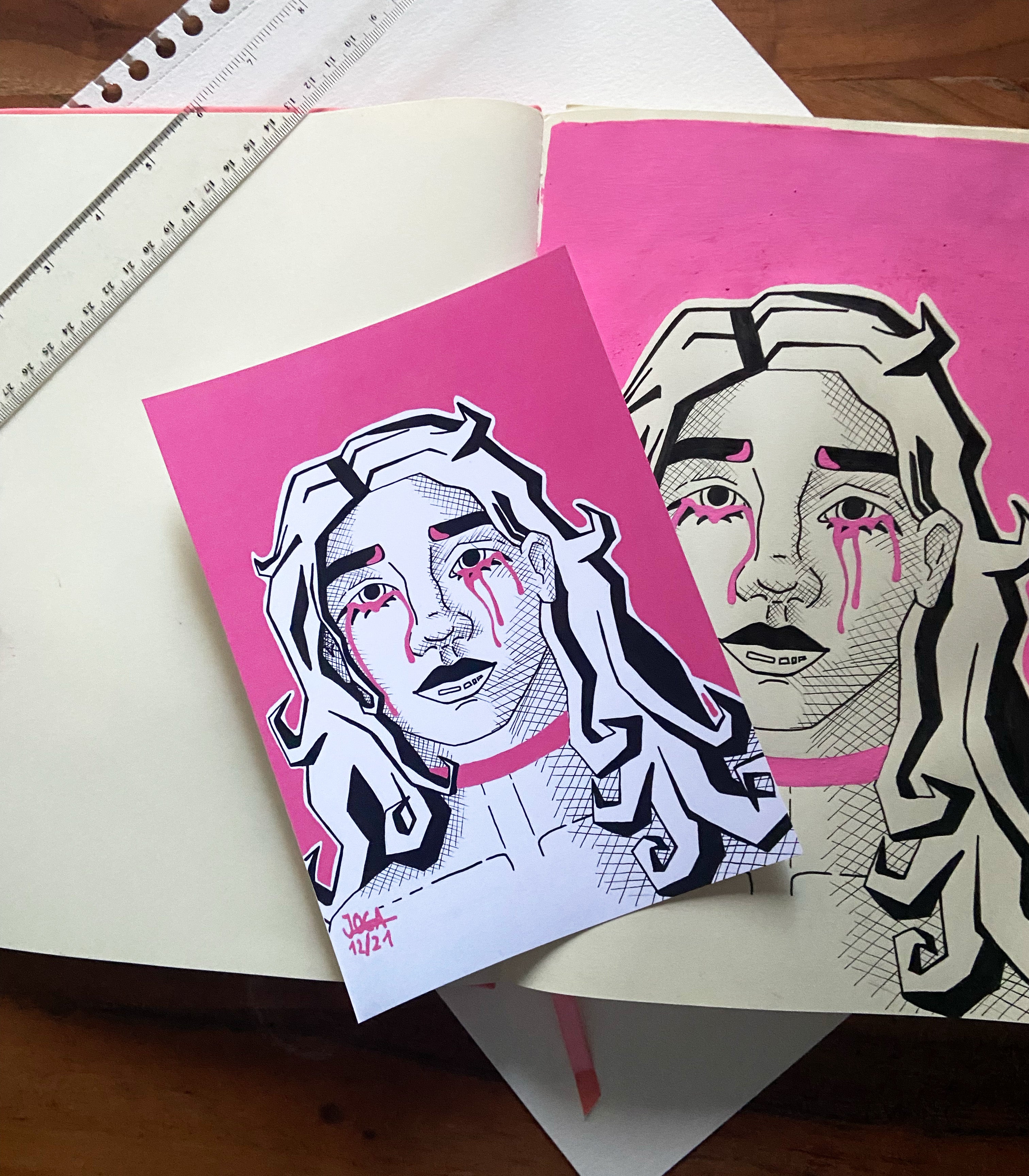 Kunstausdruck Artprint "Crying in Pink" – A5 // Acrylgemälde Künstlerin Joca, Digital Druck