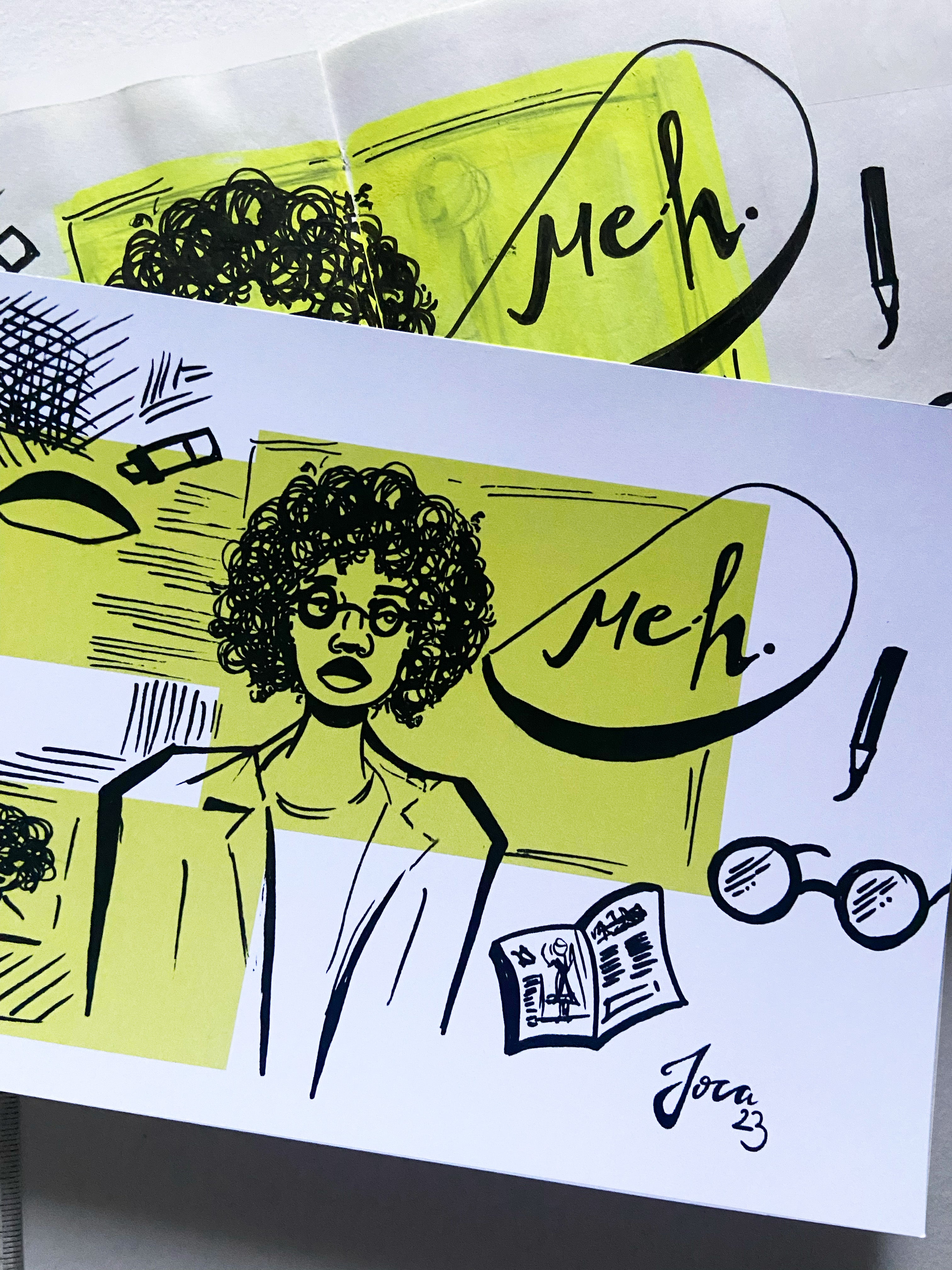 Kunstausdruck Artprint "Meh" – A5 // Tusche Illustration, Sketchbook Spread, Postkarten Größe – Künstlerin Joca, Digital Druck