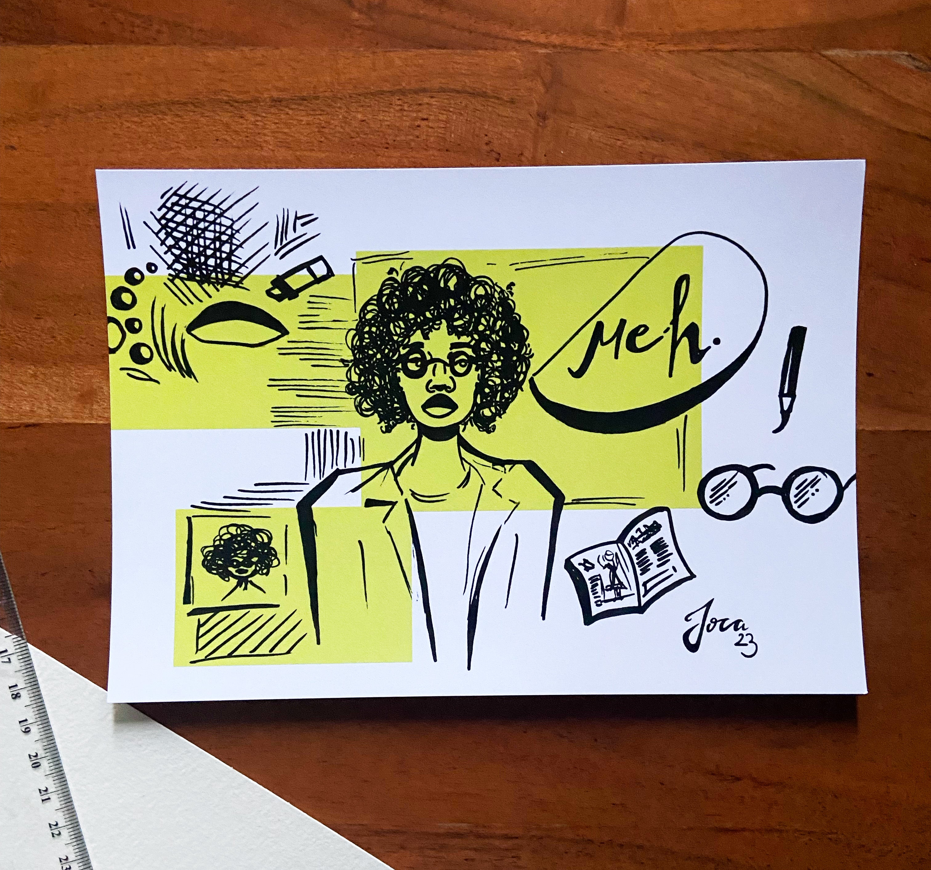Kunstausdruck Artprint "Meh" – A5 // Tusche Illustration, Sketchbook Spread, Postkarten Größe – Künstlerin Joca, Digital Druck